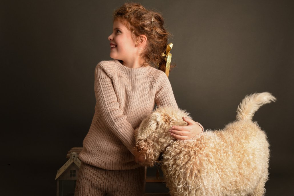 mondo di alpaca esencia maglia leggings rosa beige bambina cane lagotto