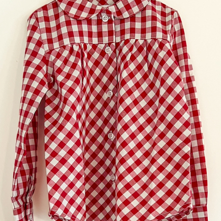 camicia per bambina, elegante, sostenibile e made in italy, bianca e rossa a quadri in cotone
