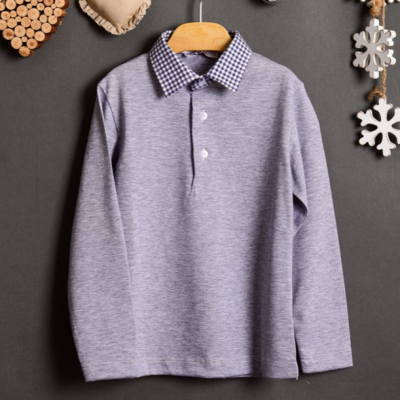 Polo elegante bambino grigia con colletto a quadri made in italy